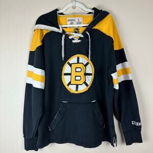 CCM Boston Bruins Hoodie NHL Lace Up Pullover Sweatshirt Black Yellow Mens Large